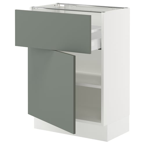 Modern kitchen unit with grey-green drawers and white cabinet, sleek design.