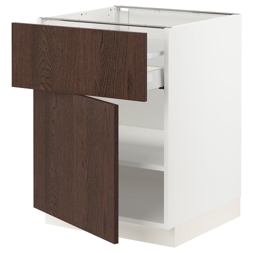 SEKTION kitchen cabinet, white with dark brown sinarp wood panels, fully adjustable interior shelves, soft-close drawers.