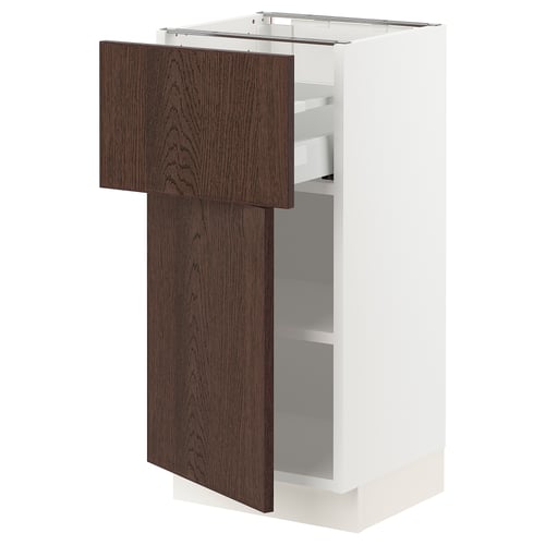 White SEKTION kitchen cabinet with dark brown wood door, adjustable shelves.
