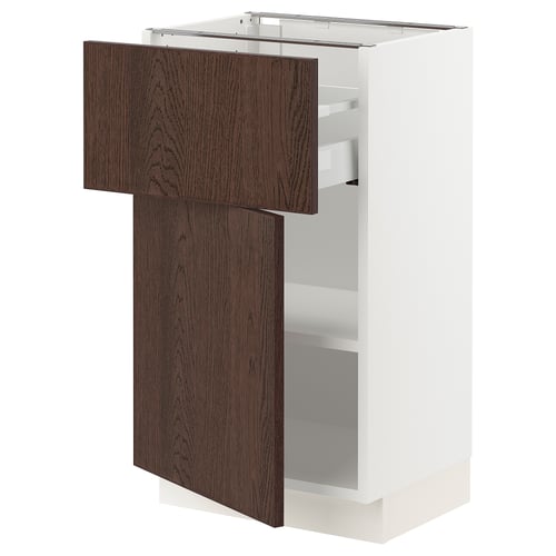 SEKTION kitchen cabinet, white & dark brown wood, adjustable shelves, open drawer.