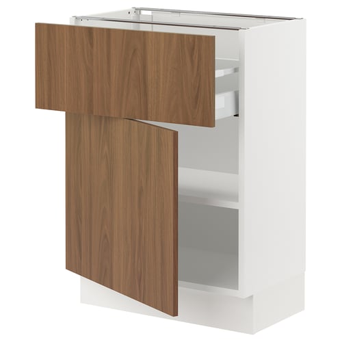 Modern white SEKTION kitchen cabinet with walnut-style drawers. Two drawers and two shelves, mounted on metal hinges.