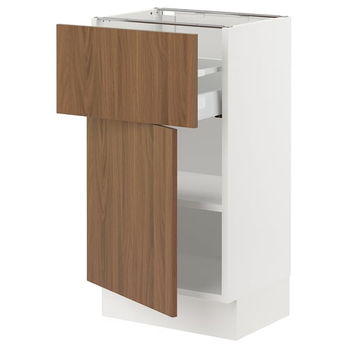 Modern white cabinet with walnut drawers, adjustable shelves, and soft-close drawers.