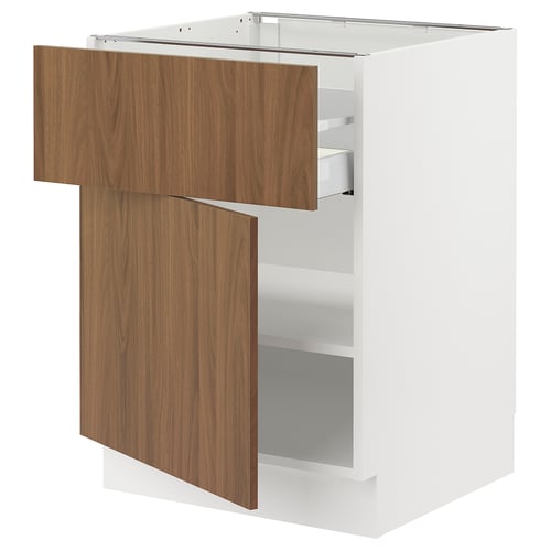 White kitchen cabinet with walnut drawers, rectangular shape, modern design.