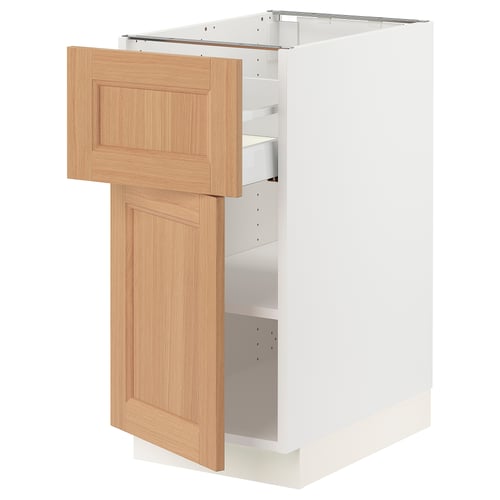 SEKTION kitchen cabinet in white with light oak door, adjustable shelves, and soft-close hinges.