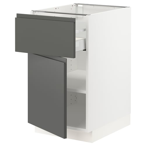 Modern kitchen cabinet, white & grey, with adjustable shelves & integrated handles.