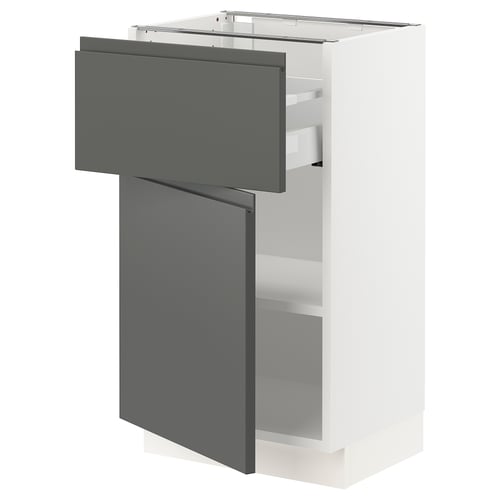 A modern kitchen cabinet in white with dark grey drawers and doors. It a sleek design with integrated handles and adjustable shelves.