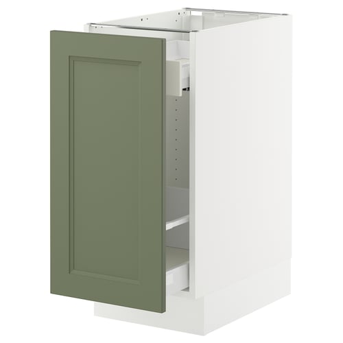 SEKTION kitchen cabinet in gray-green with white frame, rectangular and minimalist design.