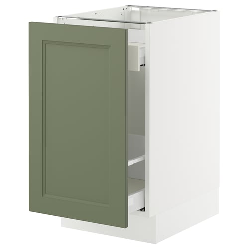 This image shows a green ikea SEKTION cabinet with a single door, featuring a modern and traditional design, made from fiberboard and plastic foil.
