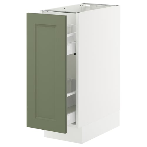 A SEKTION kitchen cabinet with a green axstad door, featuring pull-out shelves. It’s rectangular with a sleek design.
