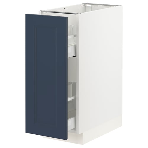 SEKTION kitchen cabinet in blue with white frame & pull-out shelves.