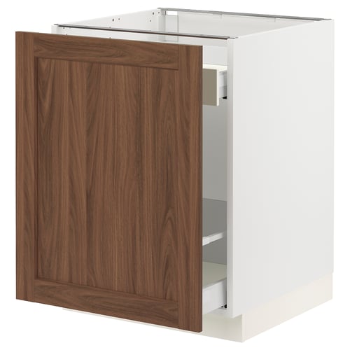 SEKTION kitchen cabinet, walnut finish, white base, single door, square shape.