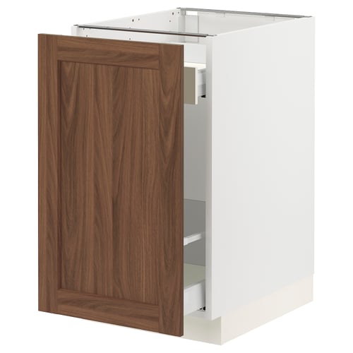 White SEKTION kitchen cabinet with walnut wooden door, rectangular shape and modern design.