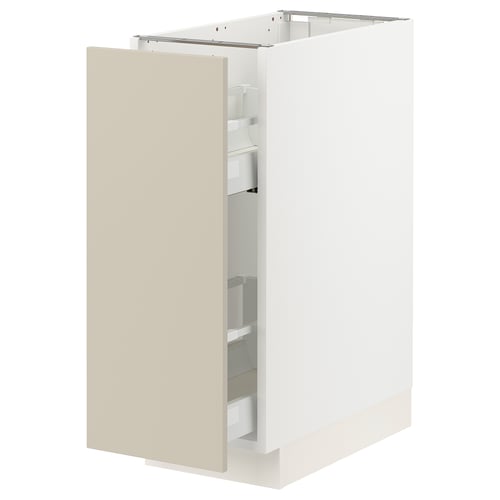 Beige SEKTION kitchen cabinet with pull-out drawer, modern design.
