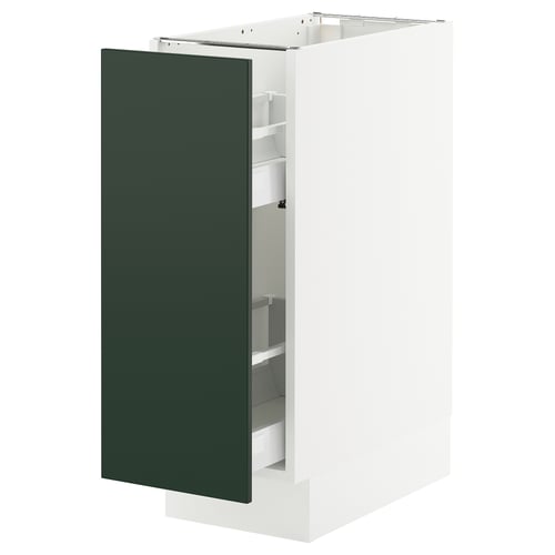 SEKTION kitchen unit with dark green havstorp door, white base, open shelves, modern design.