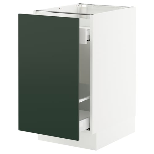 Modern green kitchen cabinet with white interior, sleek design.