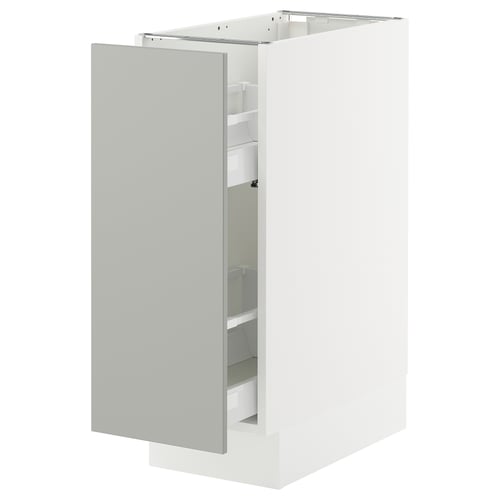 White kitchen cabinet with light grey drawer, sleek modern design, two shelves, sturdy frame.