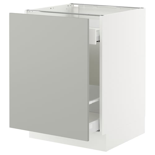 A clean SEKTION kitchen cabinet with grey door, two steel drawers, and modern design.
