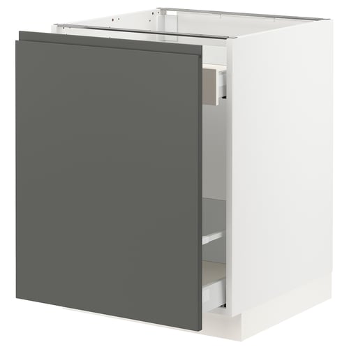 Modern kitchen cabinet, dark grey, white interior, square shape, minimalist design.