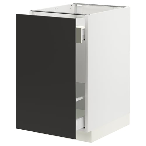 SEKTION kitchen cabinet in black with modern design, white interior, and sturdy build.
