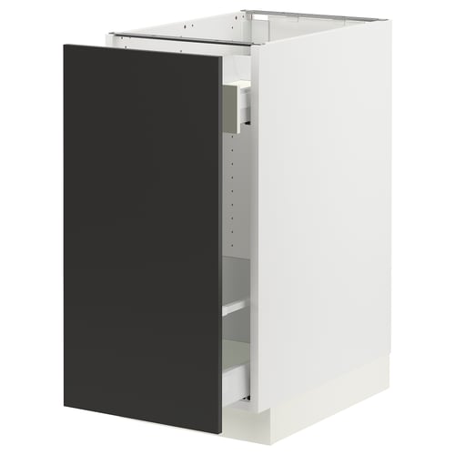White cabinet with black door, modern design, metal and particleboard, kitchen storage.