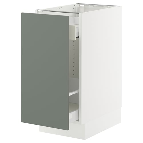 Grey-green ikea SEKTION kitchen cabinet with open door and shelves.