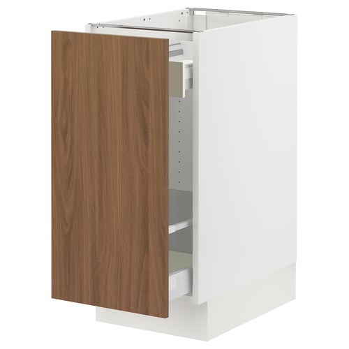 Ikea SEKTION kitchen cabinet in white with walnut-brown door, rectangular and modern, displaying drawers inside.