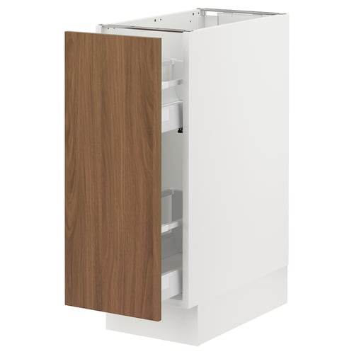 SEKTION white cabinet, single door, walnut finish, pull-out shelves, modern design.
