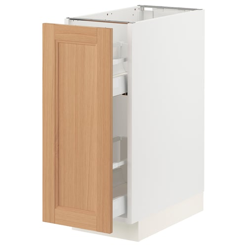 A SEKTION white kitchen cabinet with a light oak drawer; sleek and modern design.