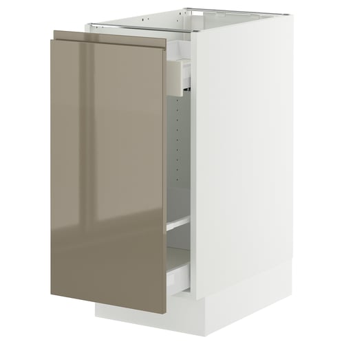 An ikea SEKTION kitchen cabinet in white with a high-gloss dark grey-brown door, featuring a sleek and modern design.