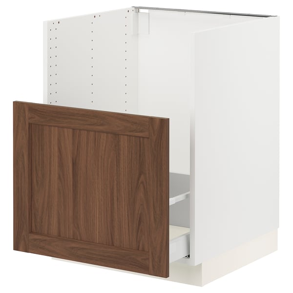 White kitchen cabinet with walnut door, wood grain pattern, and white interior.