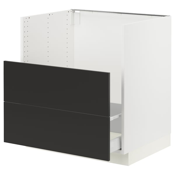 An IKEA SEKTION kitchen cabinet in white with black drawers. Its modern and rectangular with a sleek design.