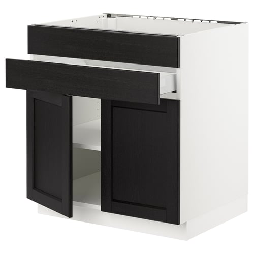 Black and white kitchen cabinet with dark ash drawer and door, modern design.