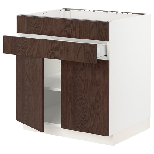 Dark brown and white kitchen cabinet with wooden drawers, sleek handles, and adjustable shelves.