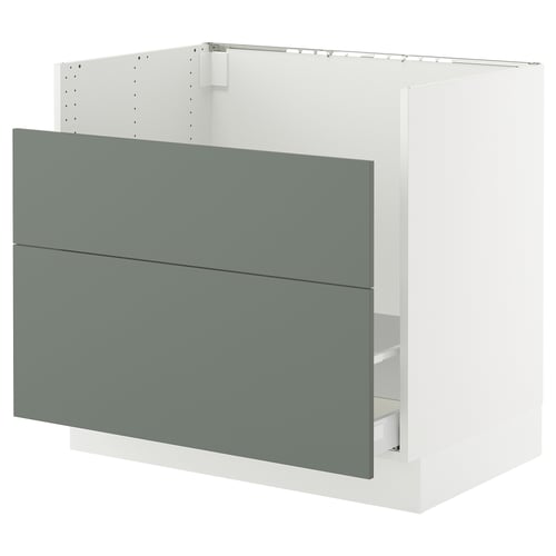 A white and green kitchen cabinet with a modern design, featuring smooth gray-green drawer fronts and a sturdy frame.