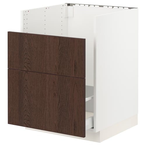 An ikea SEKTION kitchen cabinet with dark brown wood panels and white frame.
