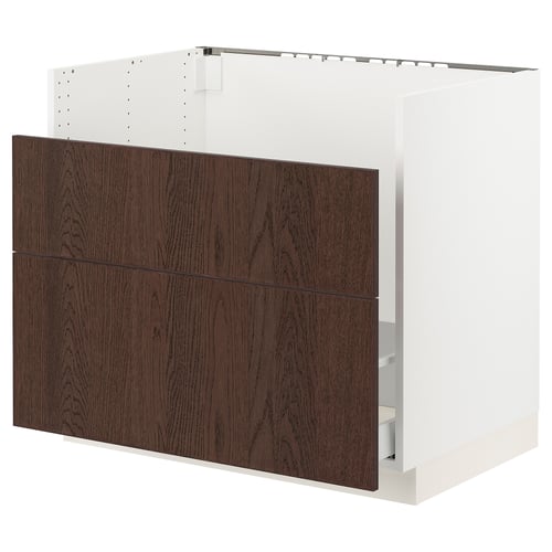 SEKTION kitchen cabinet, white frame, dark brown drawers, modern design.