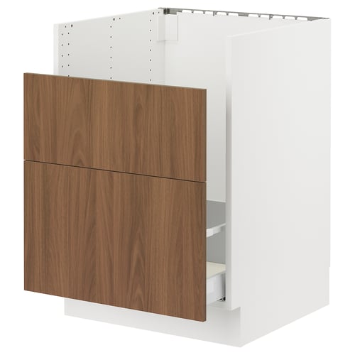 Modern kitchen cabinet, white with walnut drawers. Three drawers, sleek design.