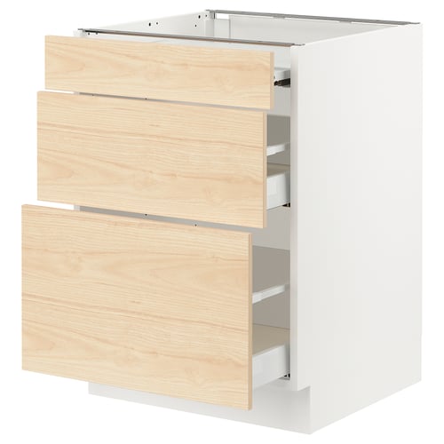 White ikea SEKTION kitchen cabinet with ash drawers and open compartments.