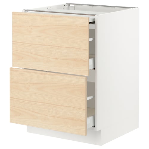 Modern, light wood and white kitchen cabinet with two drawers and pull-out shelf.