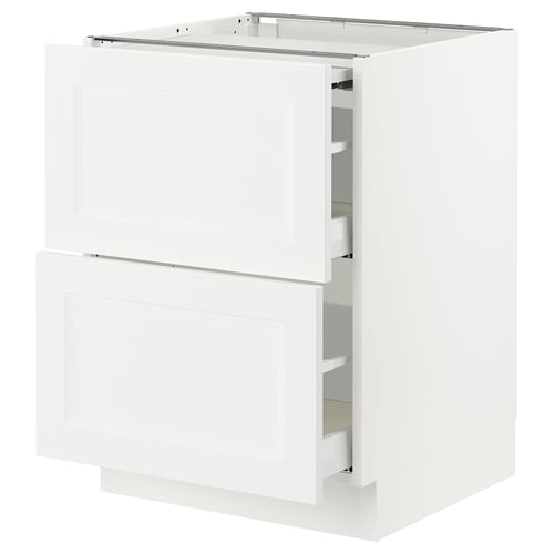 White kitchen cabinet, modern, clean design with drawers, made of particleboard, foil, steel, and laminate.