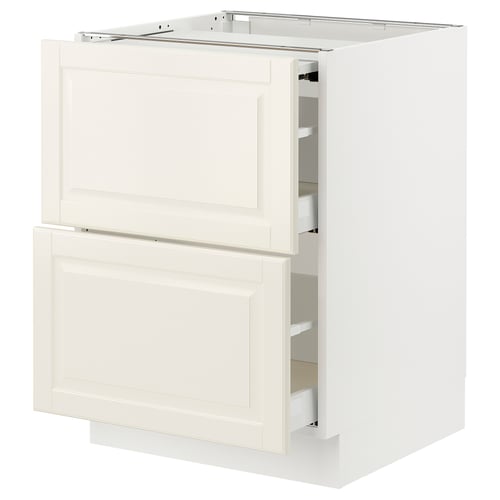 Off-white SEKTION kitchen cabinet with two drawers and one door, bevelled edges, smooth surfaces, metallic hardware.