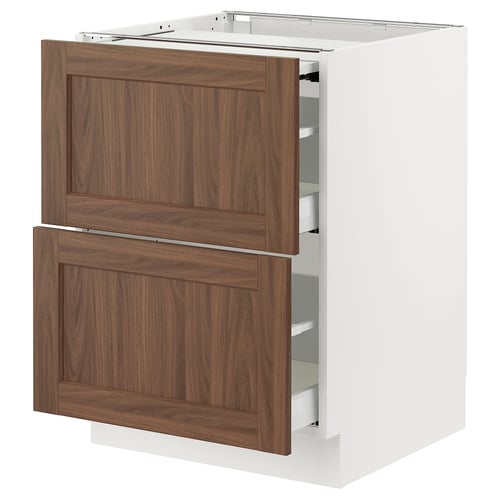 Modern white kitchen cabinet with walnut-brown doors, two drawers, and sleek design.