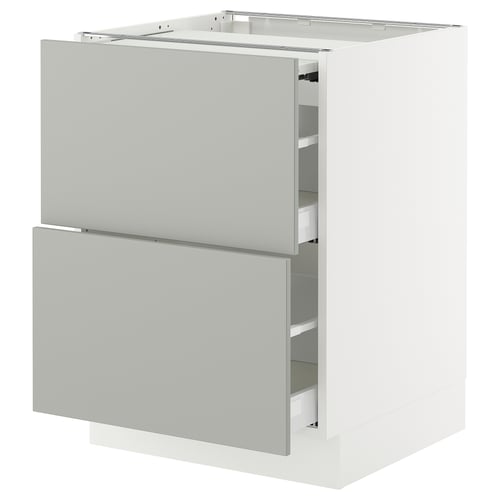 White kitchen cabinet with grey drawers, modern clean design.
