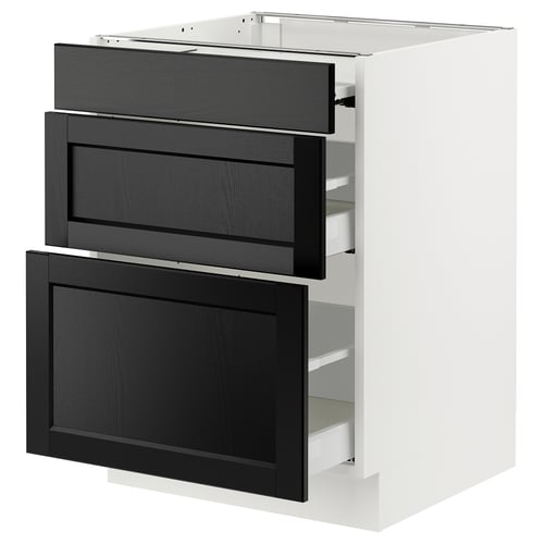 A white SEKTION kitchen unit with black stained ash drawers featuring traditional design and bevelled edges.