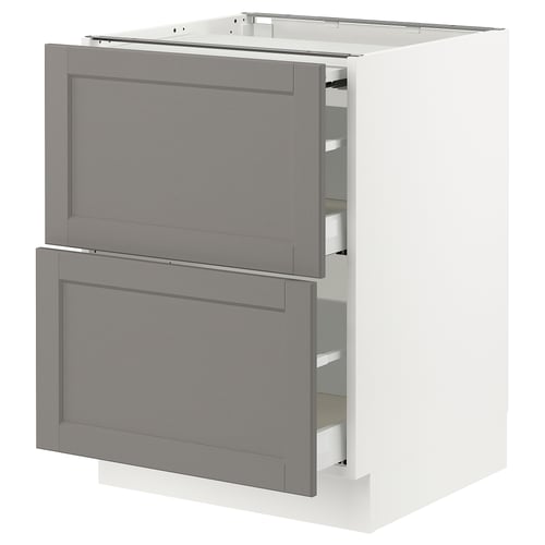 An ikea SEKTION kitchen cabinet with light grey lerhyttan drawers and a white base. It two large drawers with beveled edges.
