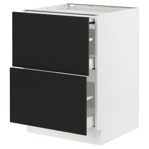 A white SEKTION kitchen cabinet with two black drawers; modern, sturdy, and sleek.
