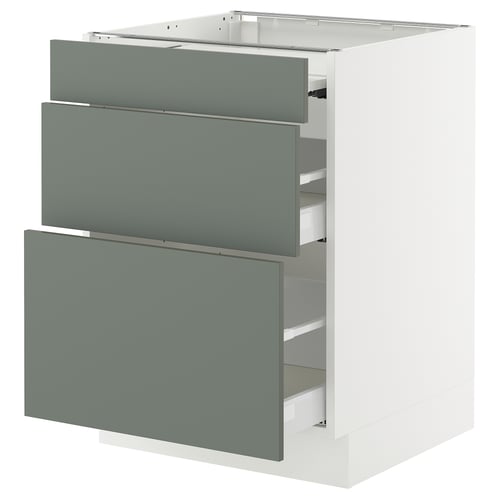Modern kitchen cabinet with 3 grey-green drawers, sleek and organised, featuring sturdy construction and smooth drawer operation.