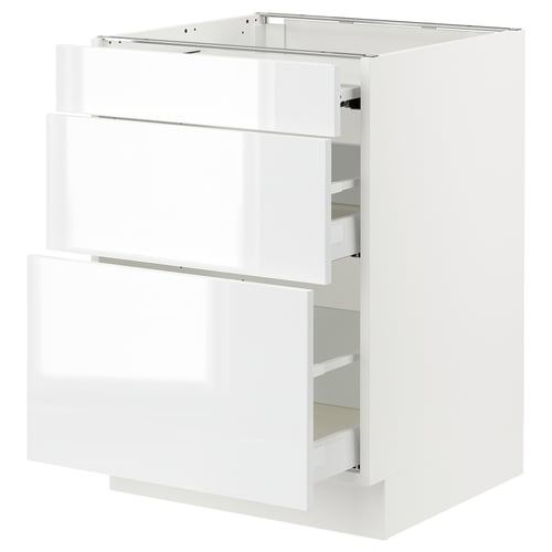 Modern white high-gloss kitchen cabinet with multiple drawers.