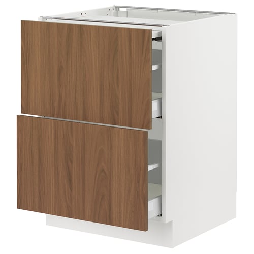 Modern white cabinet with walnut-style drawers, sleek design, sturdy frame, smooth-running drawers.