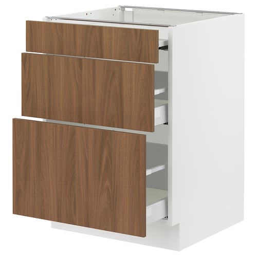 A white kitchen cabinet with three open wooden drawers, sleek and modern, designed with a sturdy frame.